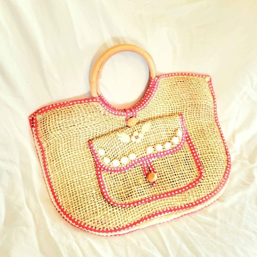 Vintage 60s Jute Straw Tote Handbag